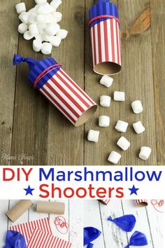 marshmallows are on the table with red, white and blue paper bags