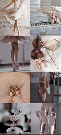 a series of photographs showing ballet shoes, music sheets and sheet music on a piano