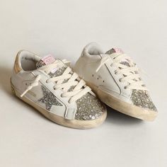 Reposhing This Item I Purchased From @Eve39603. Loved It, But Ready To Rotate For Something New. Questions? Leave A Comment Below! White Low-top Sneakers With Glitter Print, Golden Goose Silver, Shoes Golden Goose, Kids Basketball, Sneakers Looks, Glitter Sneakers, Casual Running Shoes, Star Shoes, Super Star