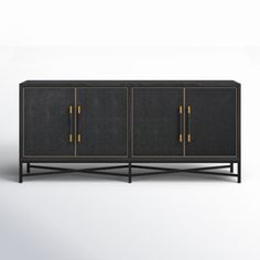 the sideboard is black and gold with two doors on each side, one door open