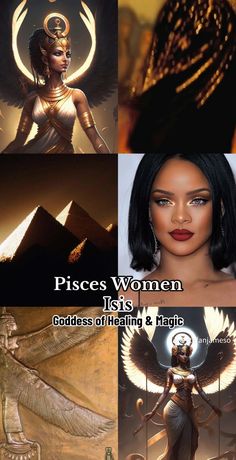 pictures of women with different hair colors and makeup styles, including an egyptian woman in gold