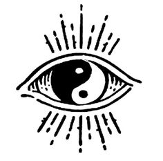 an eye with sun rays coming out of it and the yin symbol in the center