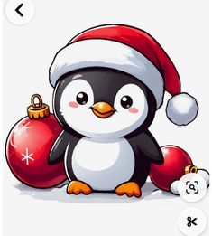 a penguin wearing a santa hat and holding a christmas ornament in its paws