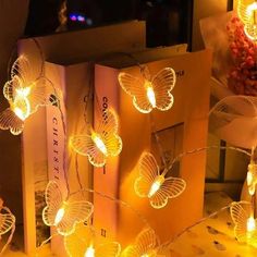 the butterfly string lights are on display in front of two books and some other items