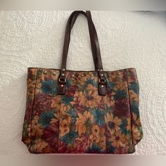 Beautiful Bag Gently Used Everyday Floral Print Shoulder Bag With Double Handle, Floral Print Double Handle Shoulder Bag For Everyday, Everyday Floral Print Double Handle Shoulder Bag, Leather Tote Bag With Floral Print, Leather Bags With Floral Print For Shopping, Multicolor Floral Print Bag With Double Handle, Multicolor Floral Print Bags With Double Handle, Multicolor Floral Print Tote Bags, Everyday Yellow Floral Print Bags