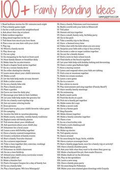 the 100 + family bonding ideas list is shown in red, white and black text