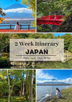 the two week itinerary in japan with pictures of people walking and sitting on benches