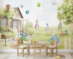 a children's room with a wall mural featuring peter rabbit and friends