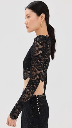 rabanne Haut Blouse | Shopbop Sheer Sleeves Lace Top For Night Out, Sheer Sleeves Lace Top For Party, Lace Top With Sheer Sleeves For Party, Sheer Fitted Lace Top For Party, Chic Fitted Cropped Lace Top, Scalloped Lace Tops, Delicate Lace Top For Night Out, Fitted Cropped Blouse With Lace Top, Fitted Cropped Lace Top Blouse