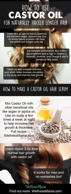 How to use castor oil for naturally thicker longer hair 2x a week for a few hrs or overnight. Castor Oil Hair, Thicker Longer Hair, Caster Oil, Wellness Mama, Castor Oil For Hair, Oil For Hair, Oil Hair, Longer Hair