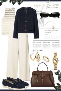 Minimal Elegant Outfit, Elegant Travel Outfits Classy, Navy Blue Dress Pants Outfit Women, What To Wear With Navy Pants, How To Style Cream Pants, Navy And Cream Outfit, Navy Shoes Outfit, Navy Work Outfit, Ivory Pants Outfit