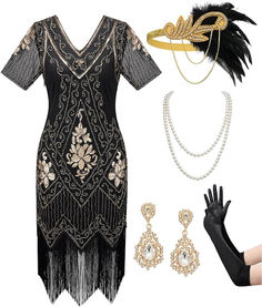 Women's Flapper Dresses 1920s Fringed Sequin Great Gatsby Dress with 20s Accessories -Roaring 20s Costumes 20s Costume, Great Gatsby Dress, Dress And Accessories, Roaring 20s Party