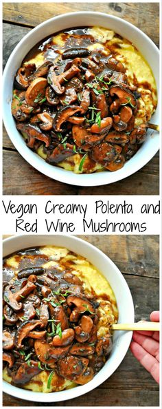 vegan creamy polenta and red wine mushrooms in a white bowl on a wooden table