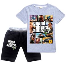 Get your little ones summer-ready with our Summer Boys Grand Theft Auto Game GTA 5 T Shirt+Shorts set. Made from soft and breathable COTTON material, this casual style set is perfect for the warm summer season. Available in sizes for ages 4-6y and 7-16y, this set is ideal for boys. Features a CARTOON pattern and O-Neck collar with a pullover closure. Order now and let your kids rock the summer in style! Estimated Delivery 14 Days-excluding weekends and holidays SPECIFICATIONS Age Range: 4-6y /Ag Casual Graphic Print Shorts For Playwear, Black Cotton Short Set, Summer Sports Set With Graphic Print, Black Cotton Short Set For Summer, Summer Sports Sets With Short Sleeves, Grand Theft Auto Games, Boys Birthday Outfits, Outfit Sport, Cartoon Model