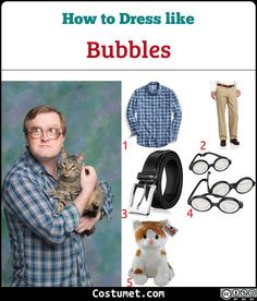 a man holding a cat in his hands and wearing glasses with the caption how to dress like bubbles