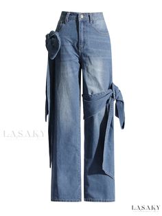 Lasaky - Stylish Patchwork Butterfly Bow Loose Straight-Leg Denim Jeans with Designer Appeal Jeans Overall, Straight Cut Jeans, Jeans Cargo, Patchwork Jeans, Pink Jeans, Cute Crop Tops, Denim Style, Wallpaper Phone, Straight Leg Denim