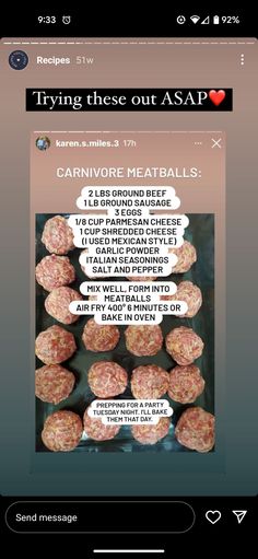 a cell phone with an image of some meatballs on it and the caption reads trying these out asap