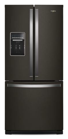 a black refrigerator freezer with the door open and two drawers on each side, in front of a white background