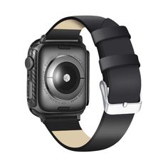 an apple watch with a black band and silver case on it's side, showing the