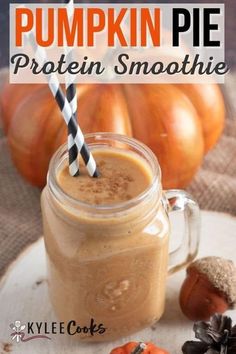 pumpkin pie protein smoothie in a mason jar