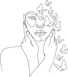 a line drawing of a woman with butterflies around her face and hands on her face