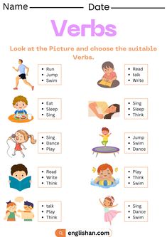 an english worksheet with pictures and words to describe the verbs for children