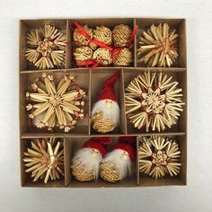 an assortment of christmas ornaments in a box