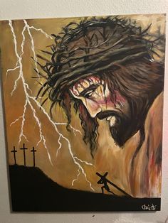 a painting of jesus in the midst of lightning with his face covered by barbed wire