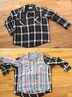 two different shirts on the floor, one is black and white with red and blue plaid