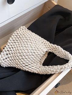 BirdinBag - Compact Coastal Tote: Stylish and Versatile Beach Vacation Bucket Bag White Woven Rectangular Hobo Bag, White Rectangular Woven Hobo Bag, White Summer Hobo Pouch Bag, Summer White Pouch Hobo Bag, White Woven Hobo Bag, White Details, Crochet Bags, Beach Holiday, Bag Straps