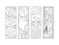 three bookmarks with halloween characters and pumpkins on them, one is black and white