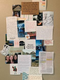 a bulletin board covered in pictures and notes