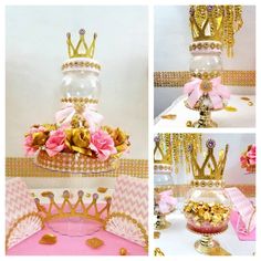 there is a pink and gold cake with flowers in it on the table next to other pictures