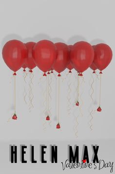 a bunch of red balloons with streamers attached to them that say helen max valentine's day