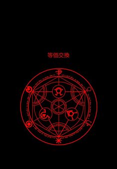 a red and black background with an image of a circle in the middle, surrounded by symbols