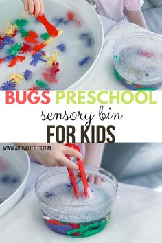 a child is playing with toys in a bowl and the words bugs preschool memory bin for kids