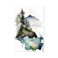 a watercolor painting with trees and mountains in the background