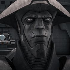 an animated character in a sci - fi setting with a helmet on his head, staring at the camera