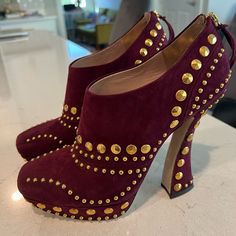 Beautiful Suede Vintage Miu Miu Platform Curved Heel With Gold Embellished Studs. Size 38, Used Once For A Photoshoot. Miu Miu Platform, Vintage Miu Miu, Embellished Heels, Miu Miu Shoes, Miu Miu, Women Shoes, Heels, Red, Women Shopping