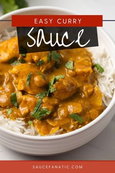 an easy curry sauce in a bowl with rice and cilantro on the side