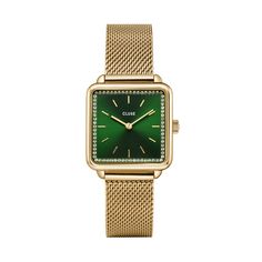 The CLUSE La Tetragone Green Stones/ Gold Mesh Watch CW10309 is designed with cutting-edge sophistication. Featuring a golden mesh strap and sparkling green stones set in a classic rectangular face, this luxury watch is an elegant choice for any occasion. Malachite Bracelet, Gift Boxes For Women, Gold Gift Boxes, Smartwatch Women, Ladies Diamond Rings, Cufflinks Men, Gold Colour, Stone Gold, Online Jewelry Store