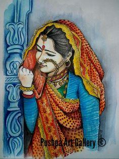 a painting of a woman in blue and orange sari holding a red object with the word pushu art gallery on it