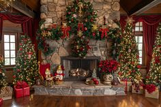 a living room decorated for christmas with lots of holiday decorations and presents on the fireplace