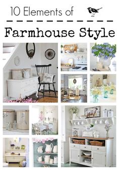 the cover of 10 elements of farmhouse style, with pictures of furniture and flowers in vases