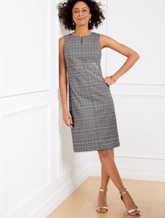 Our smart and chic sheath dress in a timeless Glen plaid pattern. Beautifully tailored for a flattering fit. A fabulous addition to your fall work-ready closet. Features Sheath Dress Sleeveless Hidden back zip closure Hits At Knee Lined Imported Fit: Misses: 39 1/4"; Petite: 36 3/4"; Plus: 42"; Plus Petite: 39 1/4" Material: 64% Polyester, 34% Viscose, 2% Spandex; Lining: 100% Polyester Care: Dry Clean | Lake Glen Plaid Sleeveless Sheath Dress Talbots Closet Features, Glen Plaid, Classic Style Women, Sleeveless Sheath Dress, Fashion Event, Plaid Blazer, Dress Sleeveless, Plaid Pattern, Modern Classic