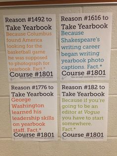 four signs on the wall that say reason 1042 to take yearbooks