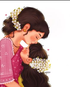 two women are hugging each other with flowers in their hair and one woman is wearing a pink sari