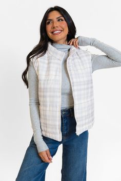 Details Beige Plaid Puffer Vest Fabric has no stretch Collared style, full zip closure, functional pockets Pair this vest over a cute basic long sleeve tee! Lined Size small from shoulder to hem: 19" Material and Care 100% polyester Machine wash cold, no drum drying Patterns may vary Materials may have natural variations Colors may vary from different viewing devices. Plaid Puffer Vest, Cocktail Dress Wedding Guest, Holiday Party Fashion, Basic Long Sleeve Tee, Thanksgiving Fashion, Beige Plaid, Red Romper, Pink Rompers, Basic Long Sleeve