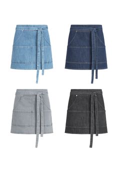 four different styles of denim skirts with ties on each side and one in the middle