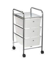 a three drawer cart with wheels and baskets on the bottom, in front of a white background